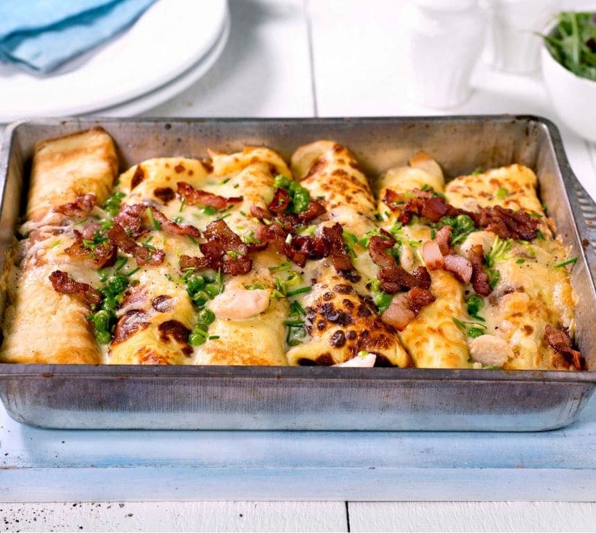 Gratinerte pannekaker med kylling